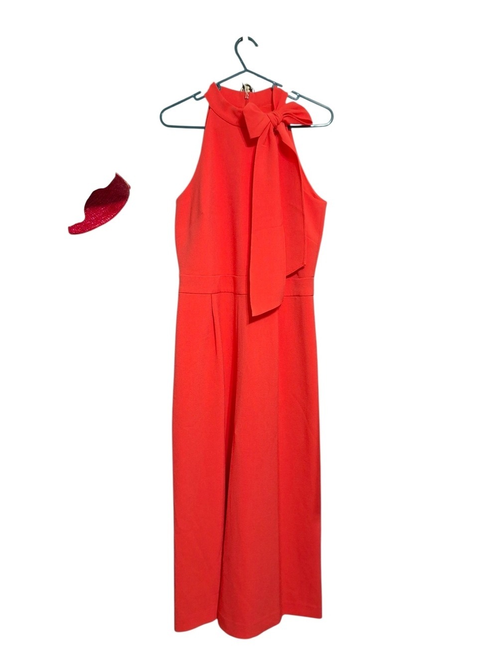 Vince Camuto Coral-Red Sleeveless Jumpsuit with Neck Tie Bow Sz 8
